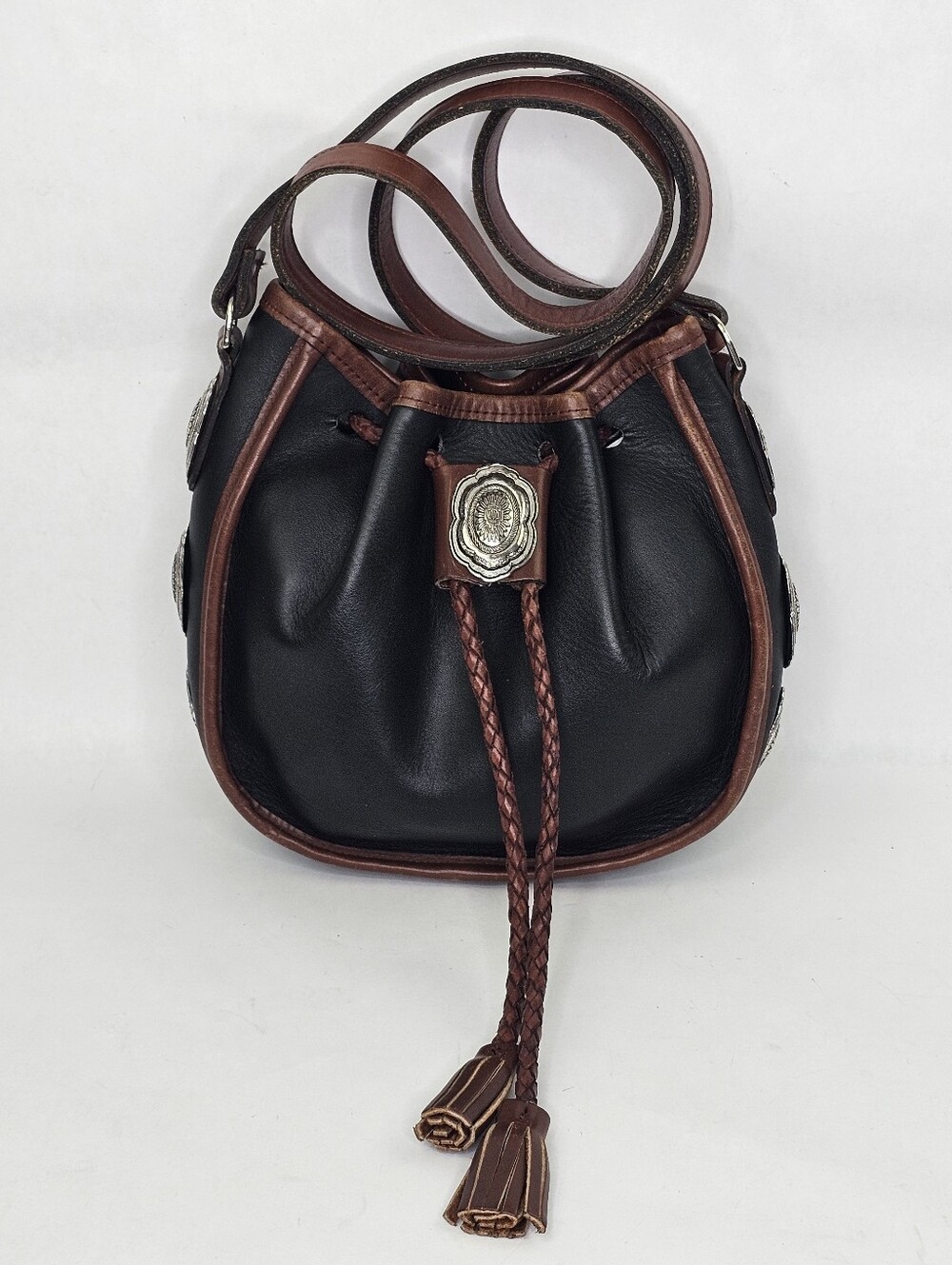 Black Leather Conch Drawstring Bucket Bag
